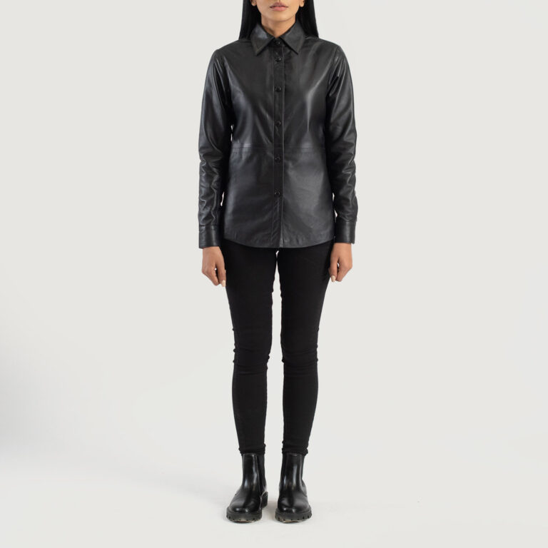 Womens Zenith Black Leather Shirt Jacket Full Length-2-1686937083710